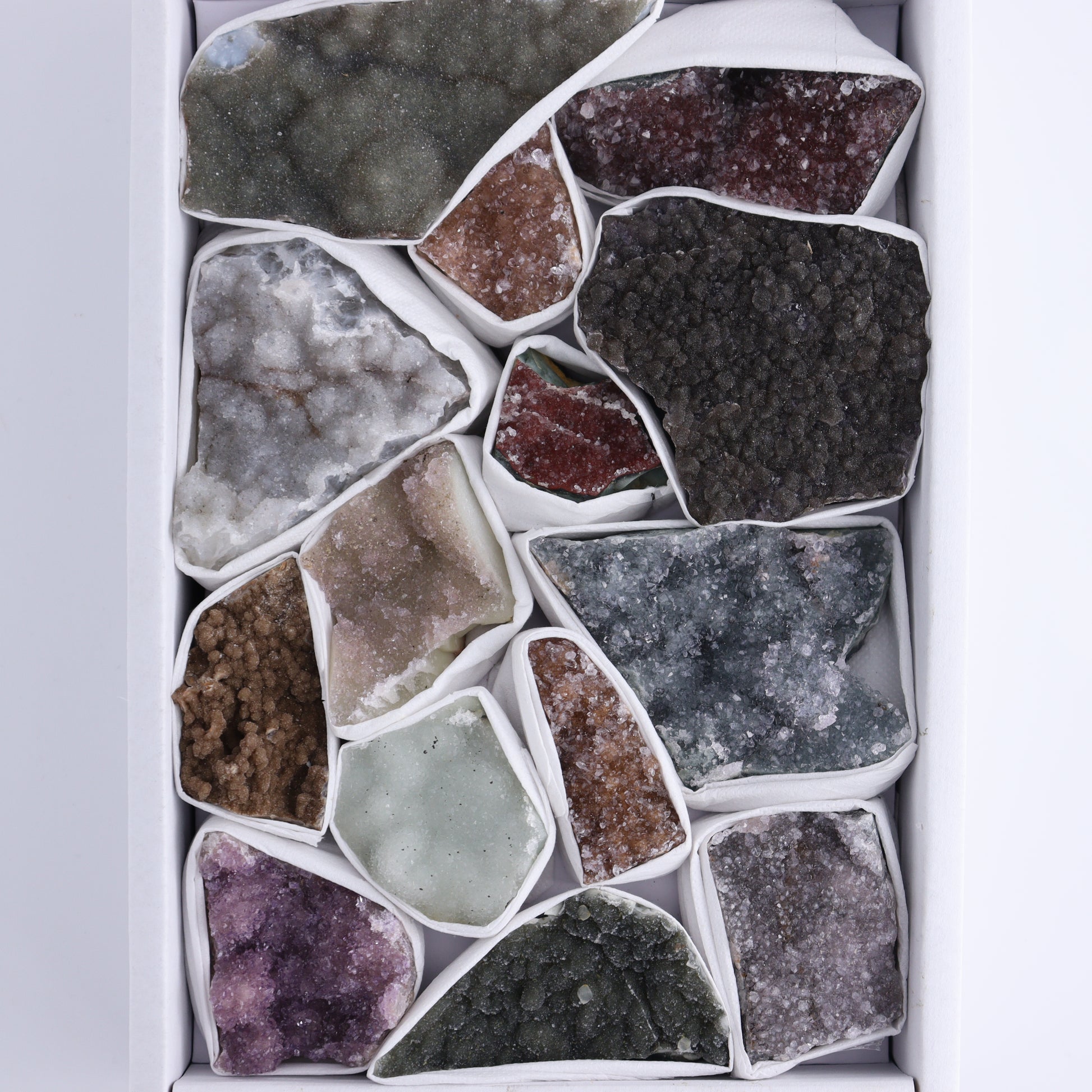 Uruguay Rainbow Amethyst Clusters Flat of 14 - Expert Wholesale and Supplier of Wholesale Crystals & Bulk Gemstones, ["Amethyst","Clusters","Rainbow Amethyst","Sugar Rainbow Amethyst","Uruguay"]