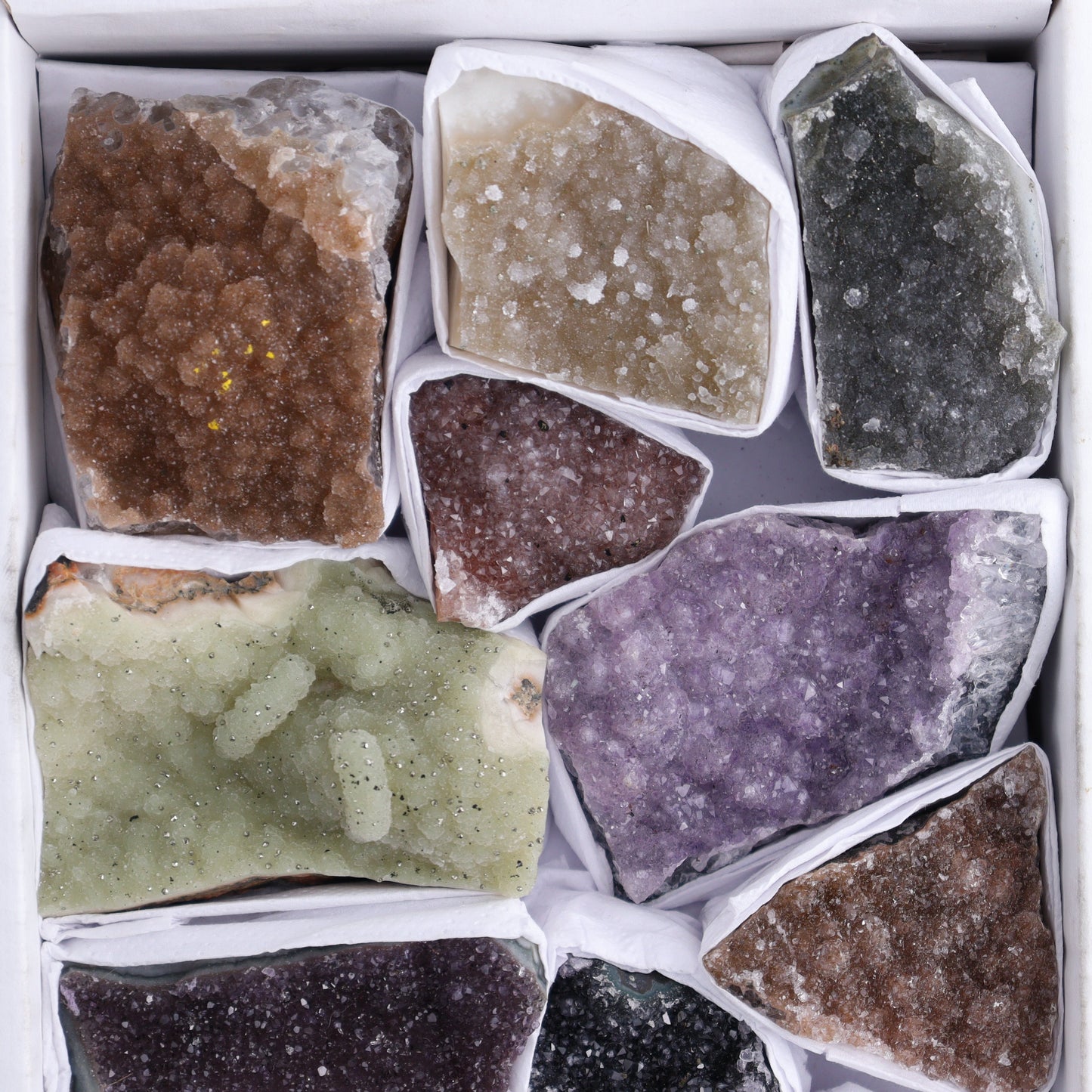 Uruguay Rainbow Amethyst Clusters Flat of 13 - Expert Wholesale and Supplier of Wholesale Crystals & Bulk Gemstones, ["Amethyst","Clusters","Rainbow Amethyst","Sugar Rainbow Amethyst","Uruguay"]