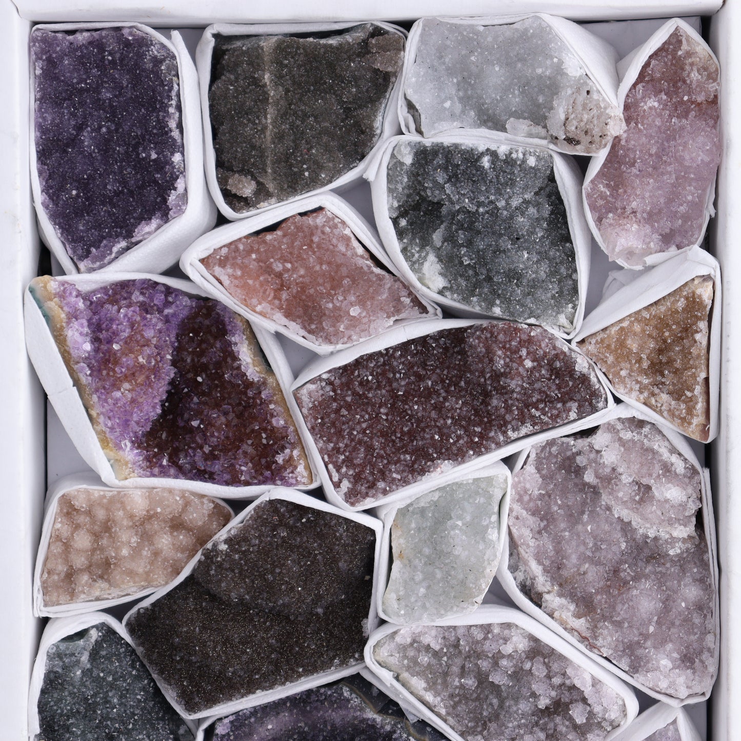 Uruguay Rainbow Amethyst Clusters Flat of 19 - Expert Wholesale and Supplier of Wholesale Crystals & Bulk Gemstones, ["Amethyst","Clusters","Rainbow Amethyst","Sugar Rainbow Amethyst","Uruguay"]
