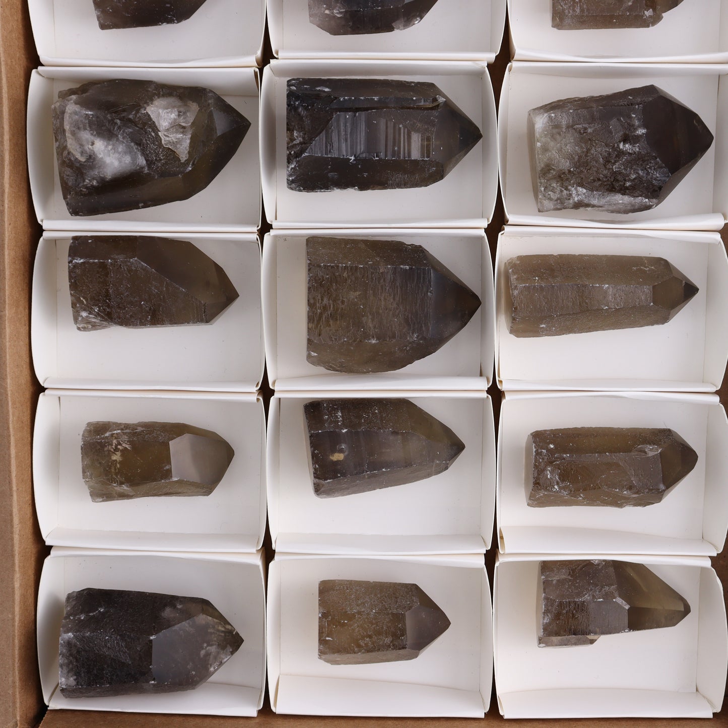 Smoky Quartz Polished Tops Set of 18 - Expert Wholesale and Supplier of Wholesale Crystals & Bulk Gemstones, ["Brazil","close_70","Points","Polished Tip","Quartz","Smoky Quartz"]