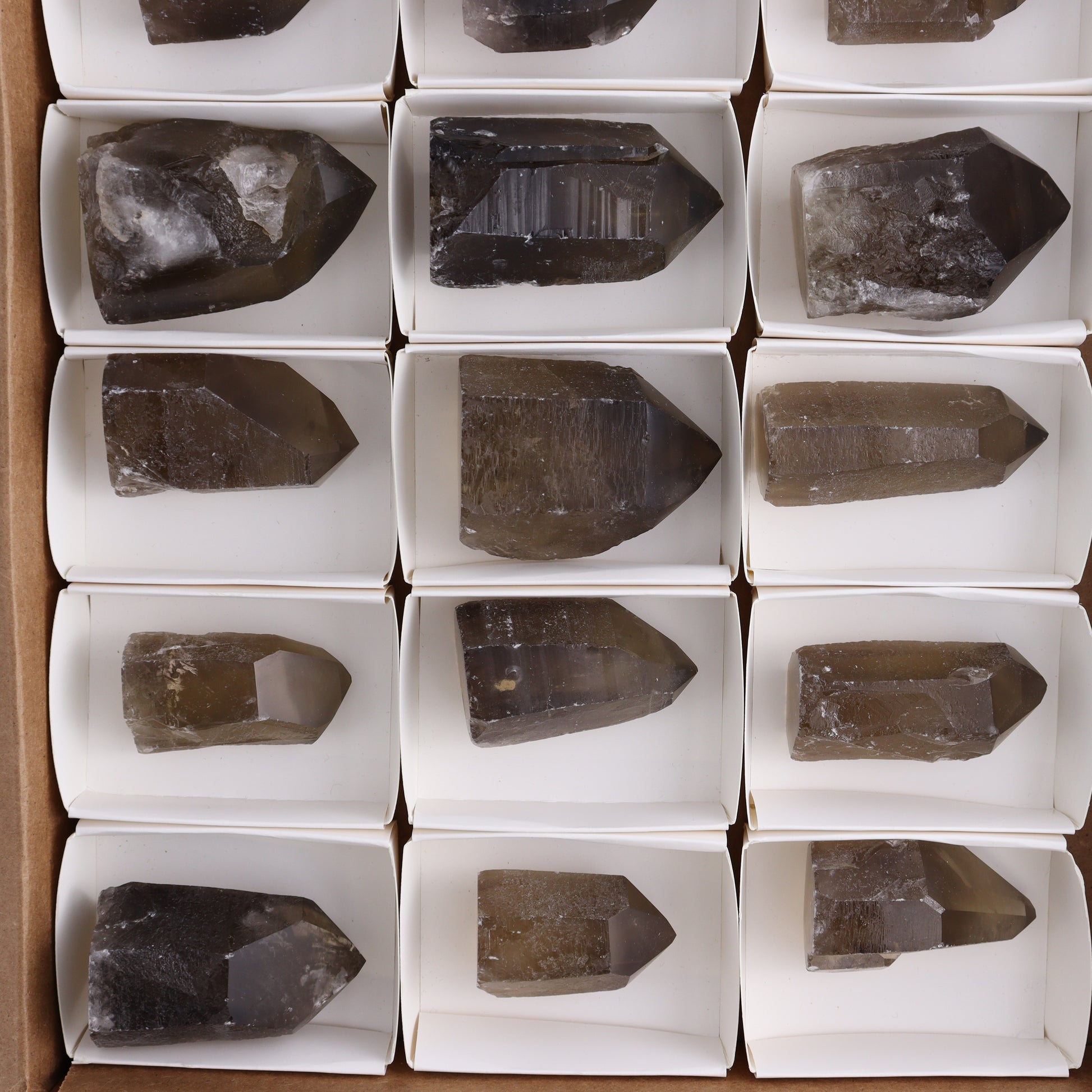 Smoky Quartz Polished Tops Set of 18 - Expert Wholesale and Supplier of Wholesale Crystals & Bulk Gemstones, ["Brazil","close_70","Points","Polished Tip","Quartz","Smoky Quartz"]