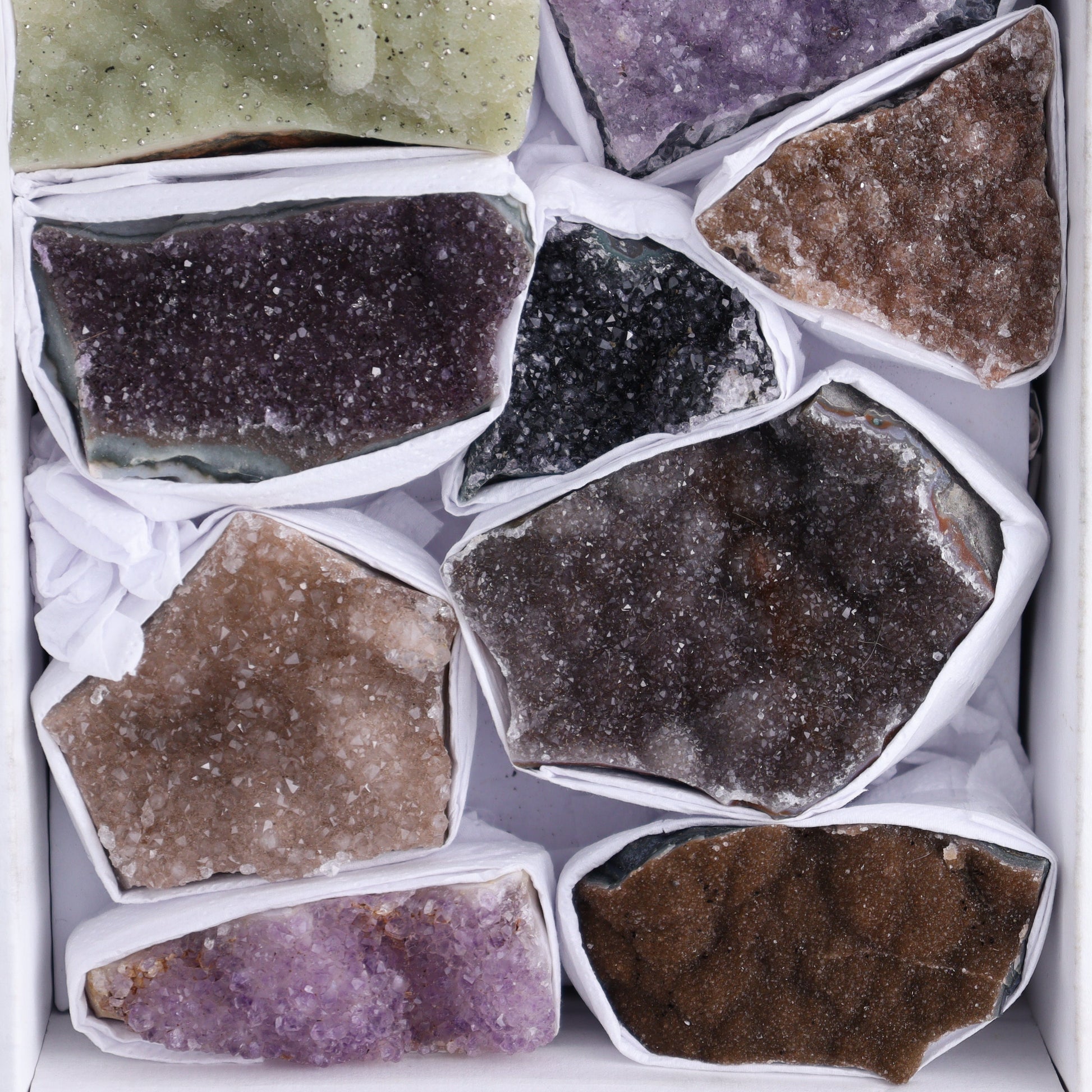 Uruguay Rainbow Amethyst Clusters Flat of 13 - Expert Wholesale and Supplier of Wholesale Crystals & Bulk Gemstones, ["Amethyst","Clusters","Rainbow Amethyst","Sugar Rainbow Amethyst","Uruguay"]