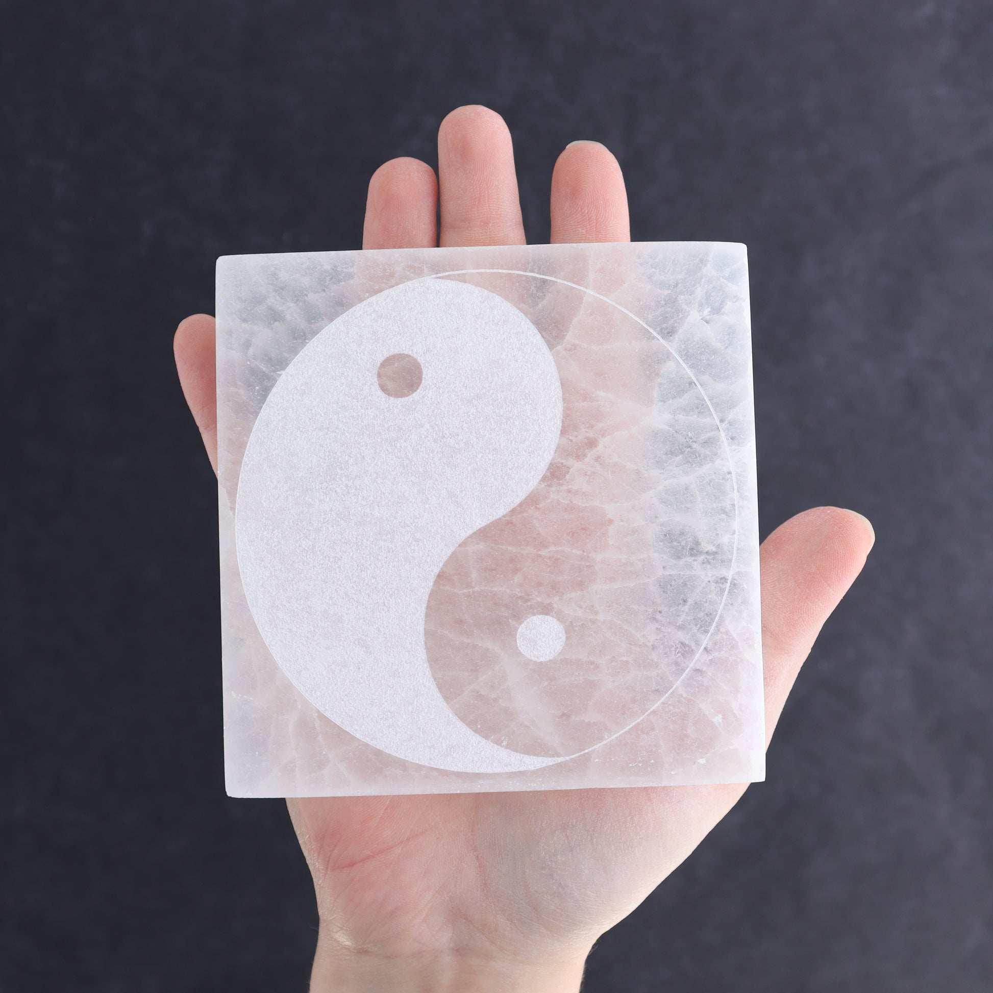 One Selenite (Satin Spar) Yin Yang Square Plate - Expert Wholesale and Supplier of Wholesale Crystals & Bulk Gemstones, ["close_30","Morocco","Selenite","Square","Yin Yang"]