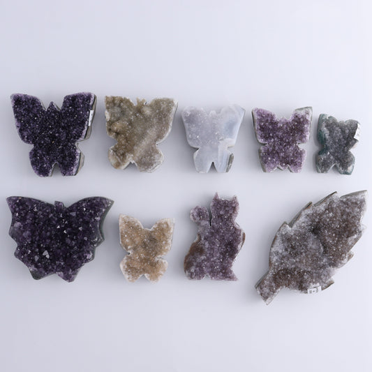Uruguay Amethyst Butterflies, Cat & Leaf Set of 9 - Expert Wholesale and Supplier of Wholesale Crystals & Bulk Gemstones, ["Amethyst","Butterflies","Cat","Leaf","Uruguay"]
