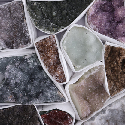 Uruguay Rainbow Amethyst Clusters Flat of 14 - Expert Wholesale and Supplier of Wholesale Crystals & Bulk Gemstones, ["Amethyst","Clusters","Rainbow Amethyst","Sugar Rainbow Amethyst","Uruguay"]