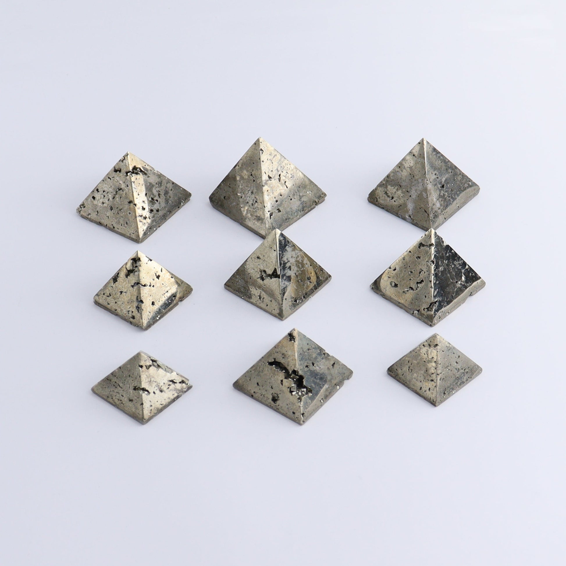 Pyrite Pyramids Set of 9 - Expert Wholesale and Supplier of Wholesale Crystals & Bulk Gemstones, ["Pyramids","Pyrite"]