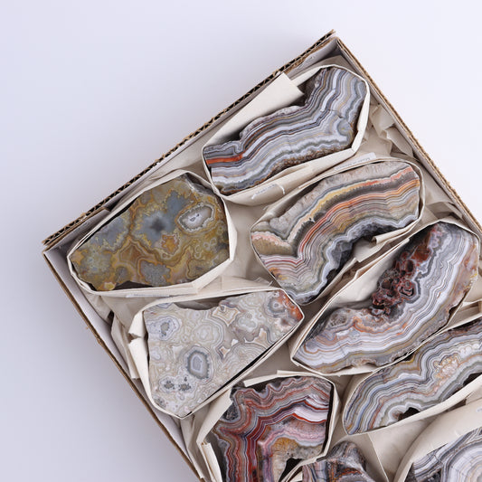*sold Crazy Lace Agate Flat of 9 - Expert Wholesale and Supplier of Wholesale Crystals & Bulk Gemstones, ["Crazy Lace Agate","Mexico"]