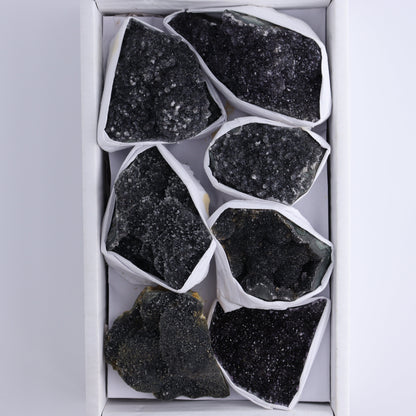 Uruguay Black Amethyst Flat of 7 - Expert Wholesale and Supplier of Wholesale Crystals & Bulk Gemstones, ["Amethyst","Black Amethyst","Clusters","Uruguay"]