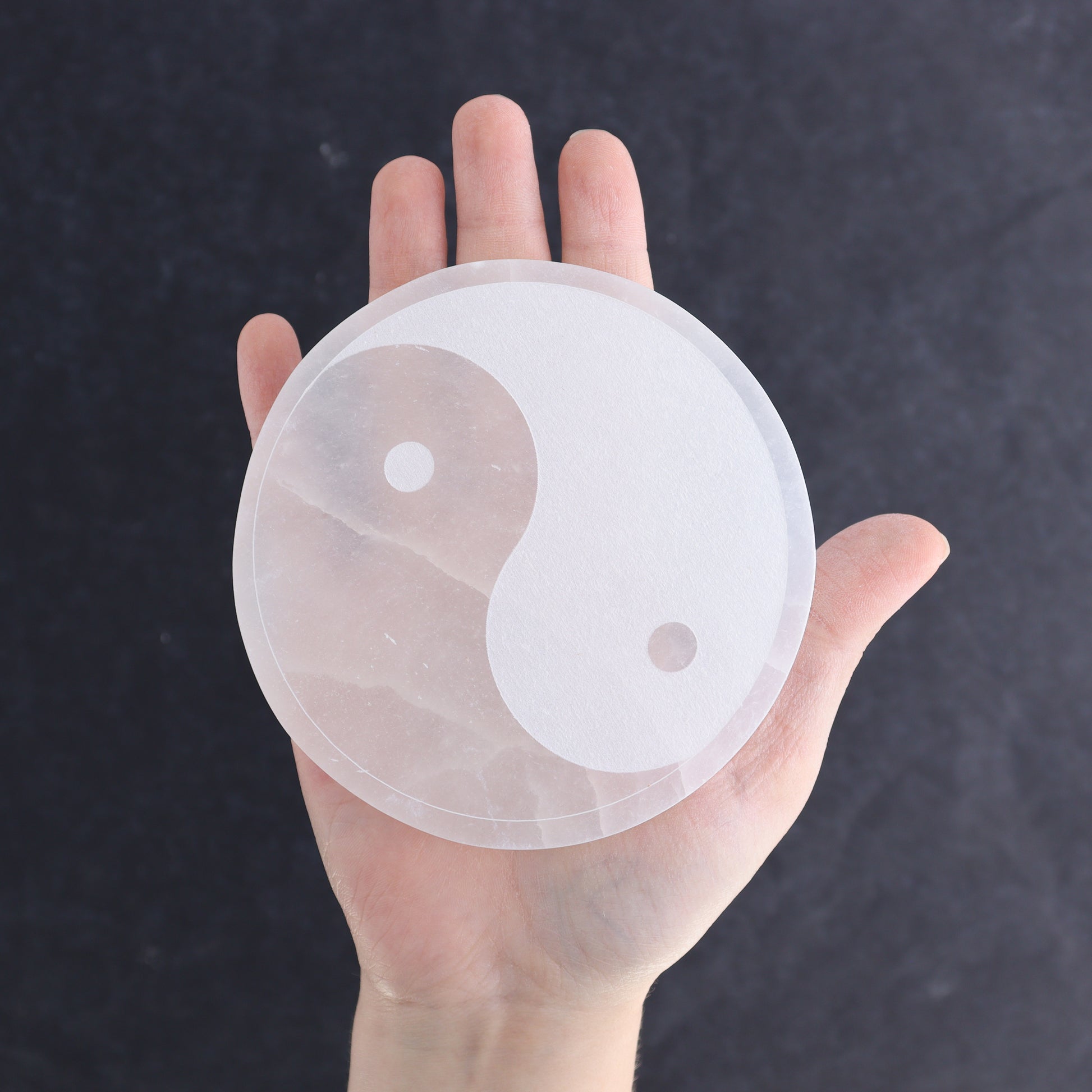 One Selenite (Satin Spar) Yin Yang Round Plate - Expert Wholesale and Supplier of Wholesale Crystals & Bulk Gemstones, ["Morocco","Round Dish","Selenite","Yin Yang"]