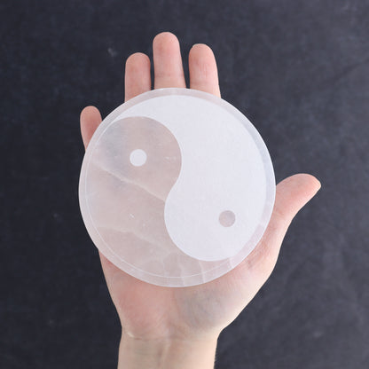 One Selenite (Satin Spar) Yin Yang Round Plate - Expert Wholesale and Supplier of Wholesale Crystals & Bulk Gemstones, ["Morocco","Round Dish","Selenite","Yin Yang"]
