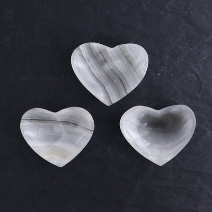 One Mexican Onyx/Calcite White & Grey Heart Dish