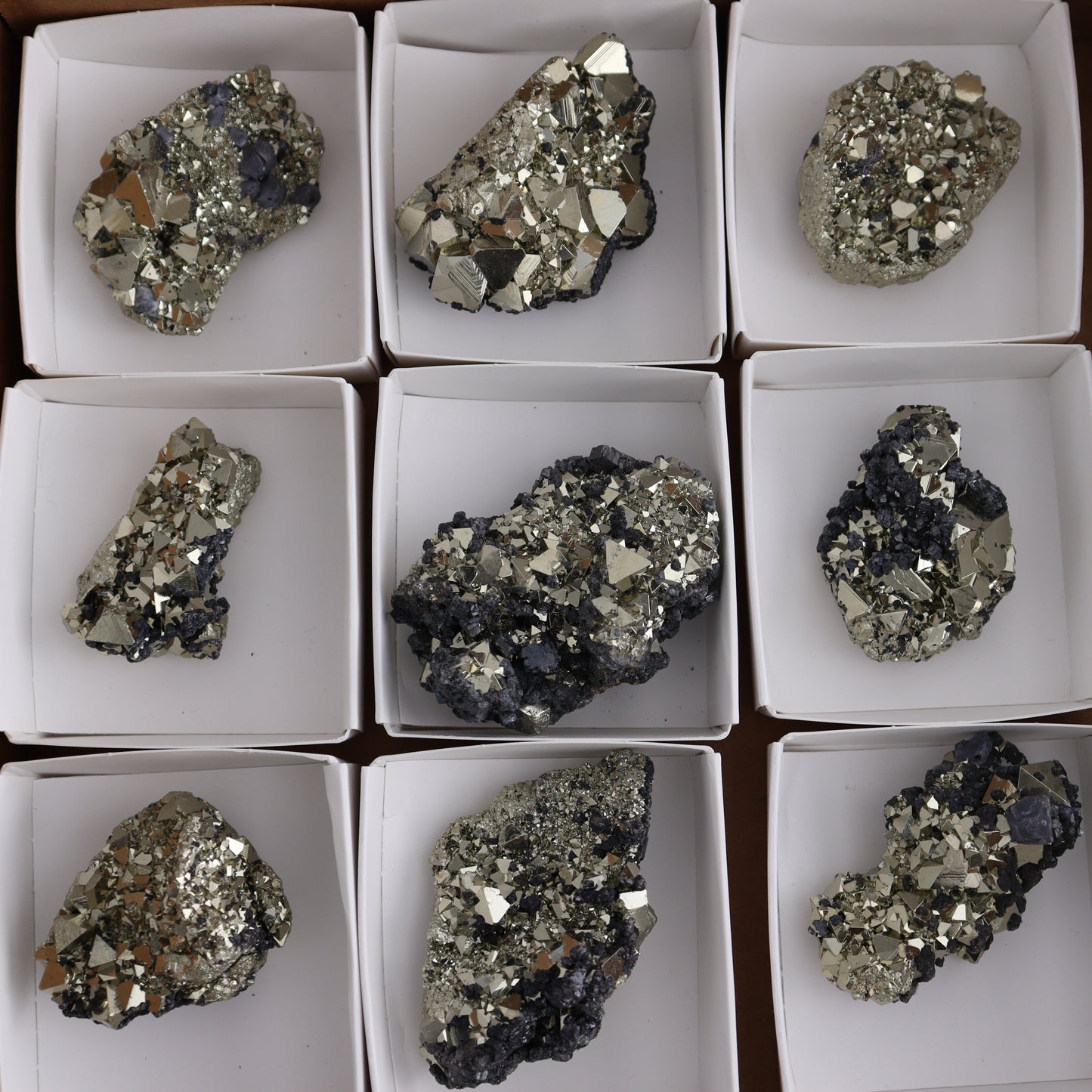 Octahedral Pyrite Clusters Set of 12 - Expert Wholesale and Supplier of Wholesale Crystals & Bulk Gemstones, ["Clusters","Octahedral Pyrite","Peru","Pyrite"]