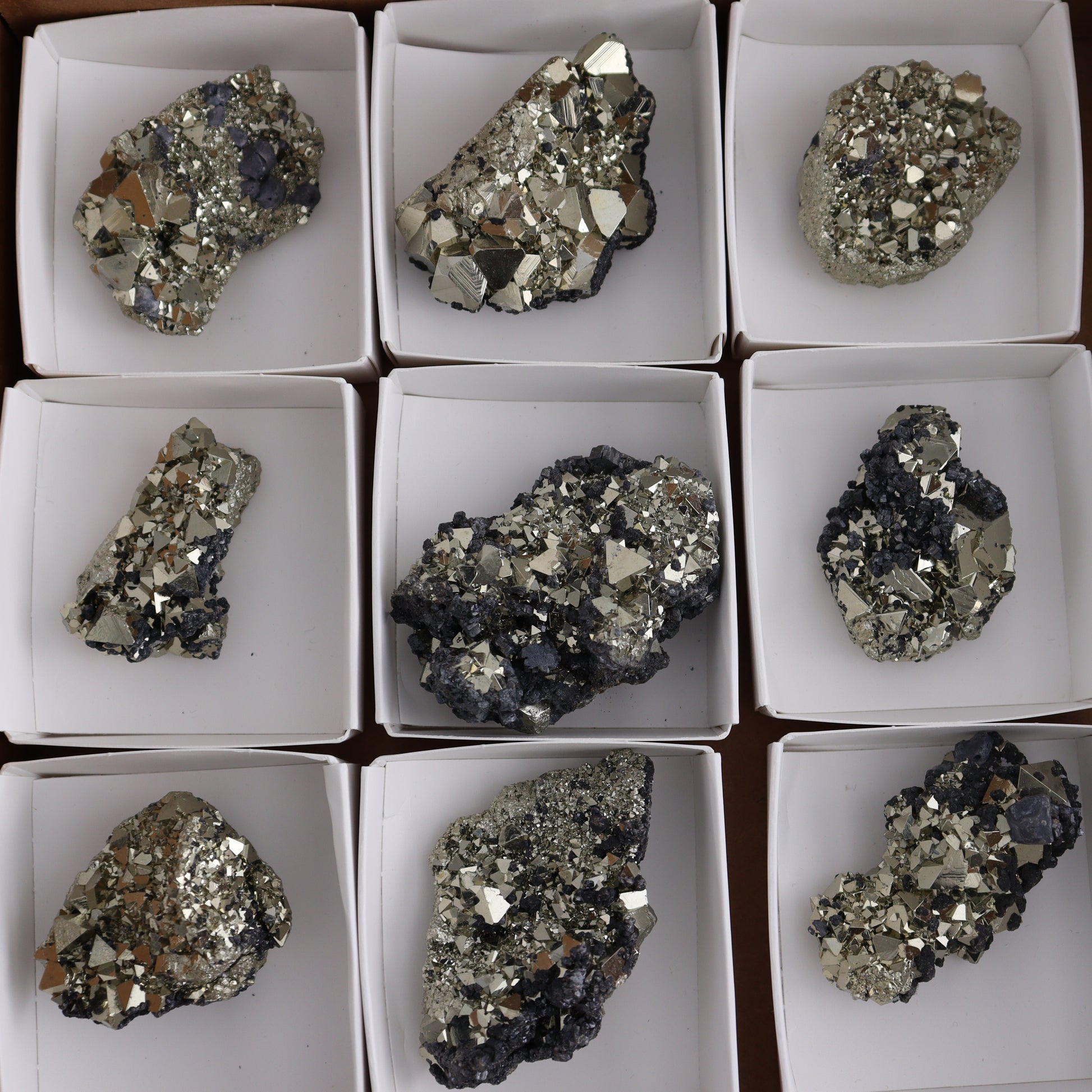 Octahedral Pyrite Clusters Set of 12 - Expert Wholesale and Supplier of Wholesale Crystals & Bulk Gemstones, ["Clusters","Octahedral Pyrite","Peru","Pyrite"]