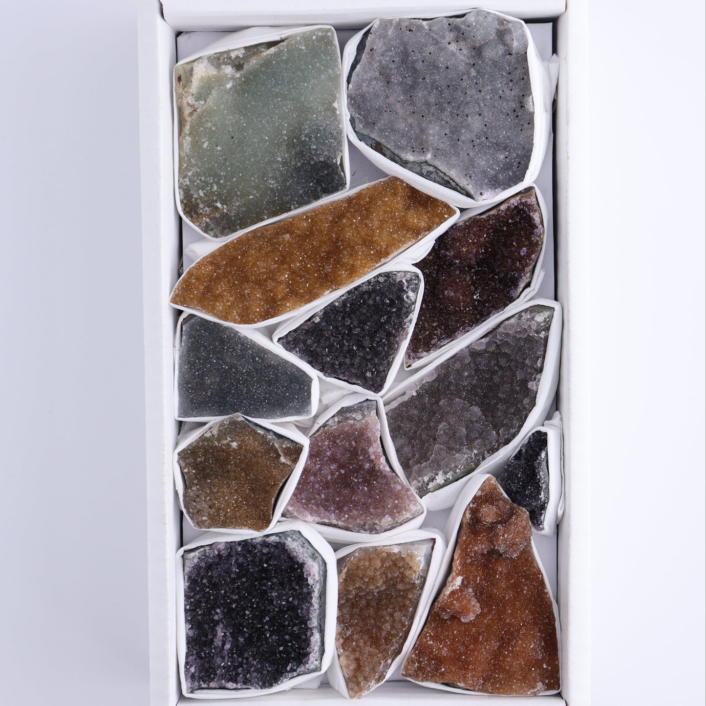 Uruguay Rainbow Amethyst Clusters Flat of 13