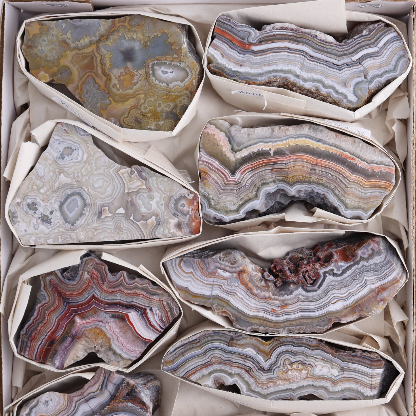 *sold Crazy Lace Agate Flat of 9 - Expert Wholesale and Supplier of Wholesale Crystals & Bulk Gemstones, ["Crazy Lace Agate","Mexico"]