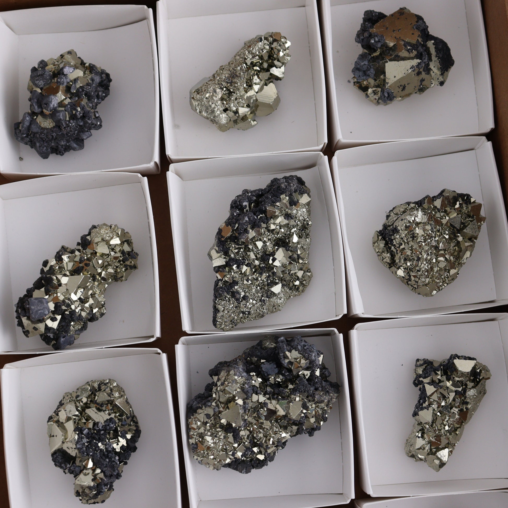 Octahedral Pyrite Clusters Set of 12 - Expert Wholesale and Supplier of Wholesale Crystals & Bulk Gemstones, ["Clusters","Octahedral Pyrite","Peru","Pyrite"]