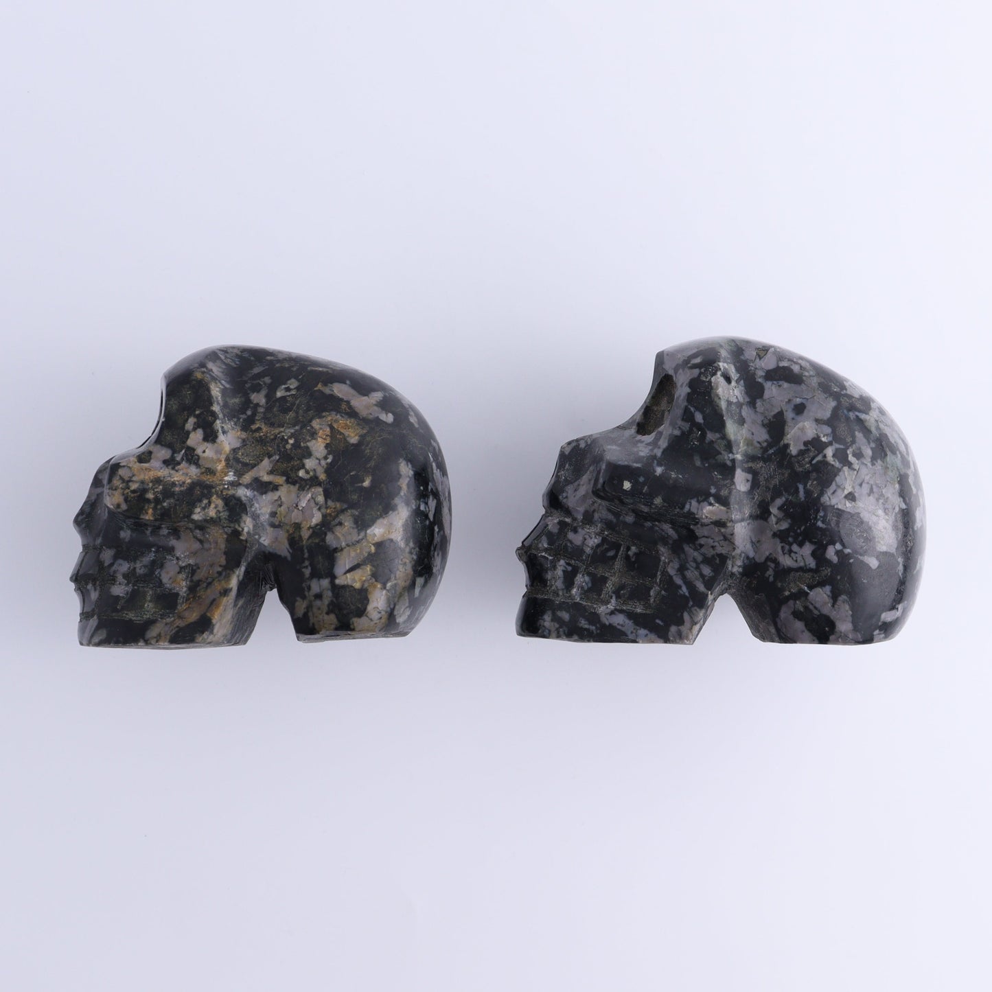 Indigo Gabbro Skulls Set of 2 - Expert Wholesale and Supplier of Wholesale Crystals & Bulk Gemstones, ["Indigo Gabbro","Madagascar","Skulls"]