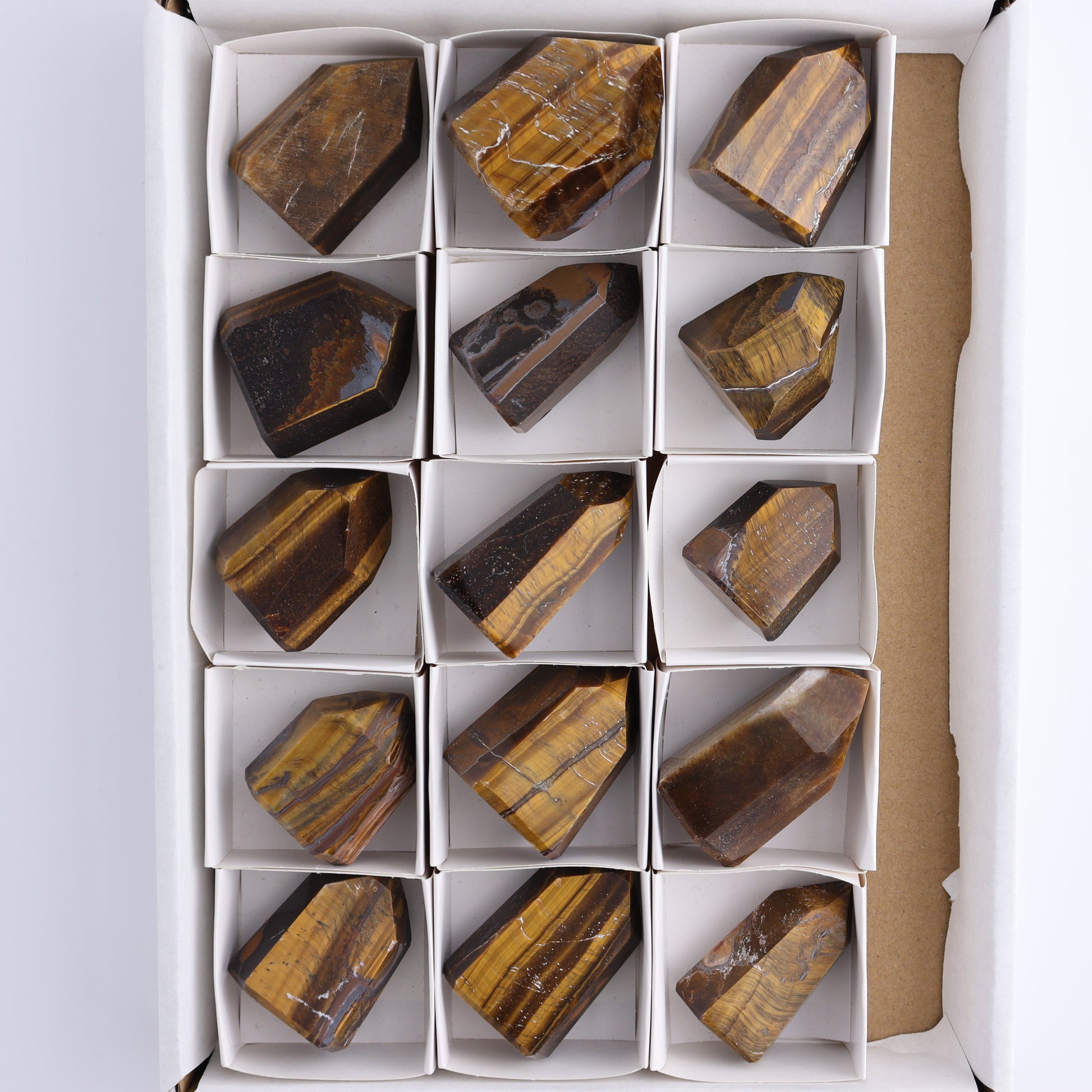 Tiger Eye Towers Set of 15 - Expert Wholesale and Supplier of Wholesale Crystals & Bulk Gemstones, ["Brazil","close_70","Tiger Eye","Towers"]