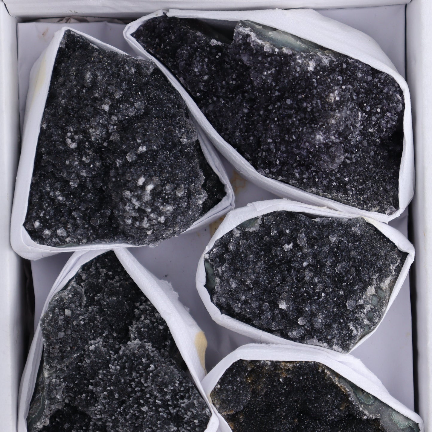 Uruguay Black Amethyst Flat of 7 - Expert Wholesale and Supplier of Wholesale Crystals & Bulk Gemstones, ["Amethyst","Black Amethyst","Clusters","Uruguay"]