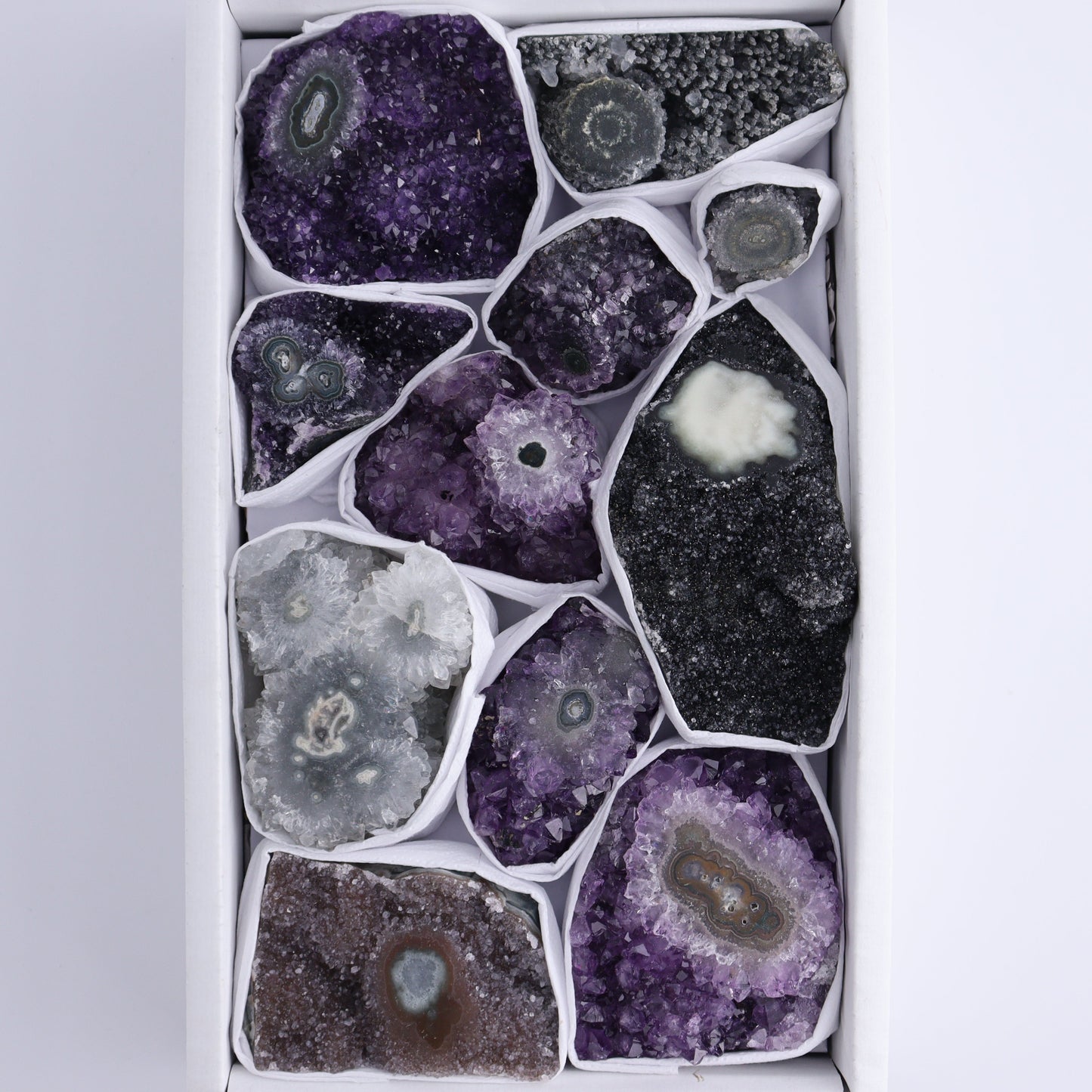 Uruguay Amethyst Clusters with "Eyes" Flat of 11 - Expert Wholesale and Supplier of Wholesale Crystals & Bulk Gemstones, ["Amethyst","Clusters","Eyes Amethyst","Uruguay"]