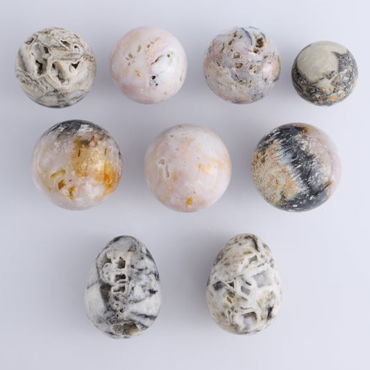 Maligano Jasper Palm Stones and Spheres Set of 9 - Expert Wholesale and Supplier of Wholesale Crystals & Bulk Gemstones, ["Indonesia","Maligno Jasper","Palm Stones","Spheres"]