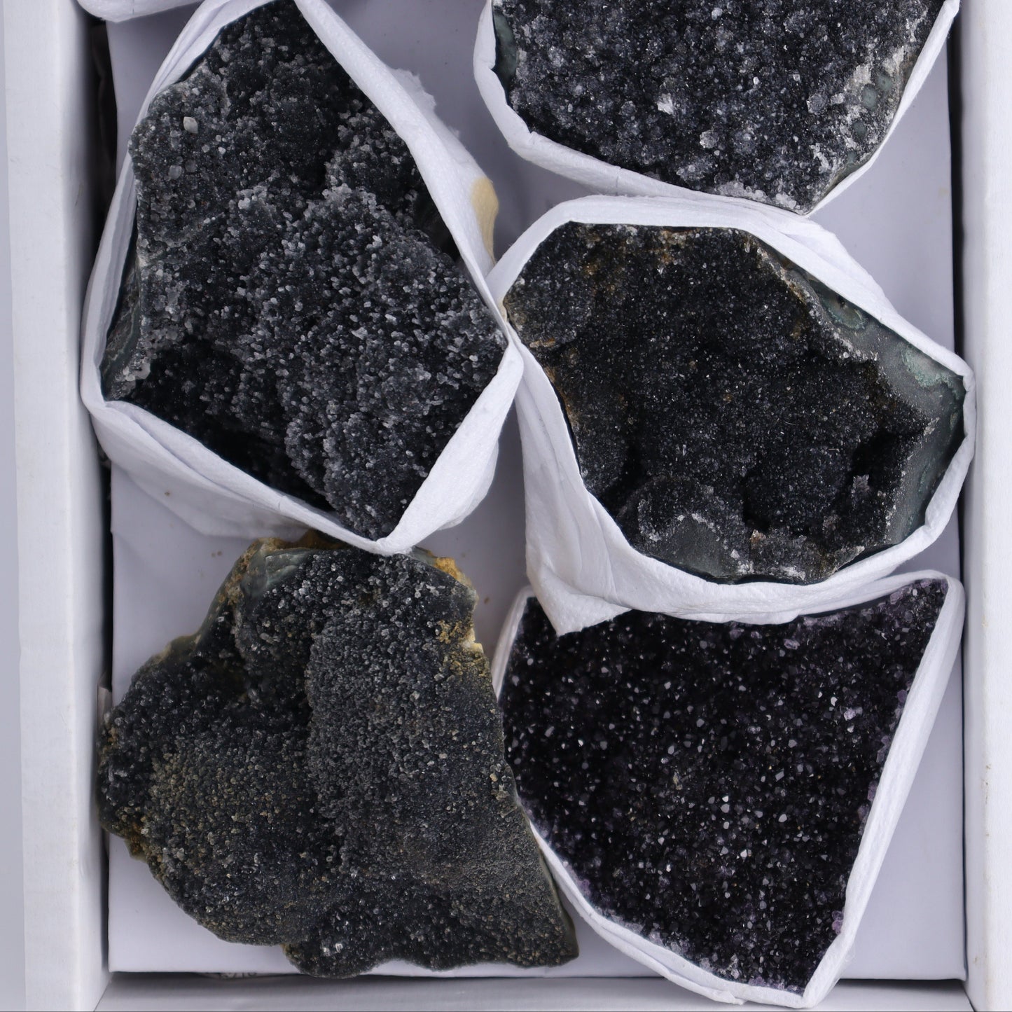 Uruguay Black Amethyst Flat of 7 - Expert Wholesale and Supplier of Wholesale Crystals & Bulk Gemstones, ["Amethyst","Black Amethyst","Clusters","Uruguay"]