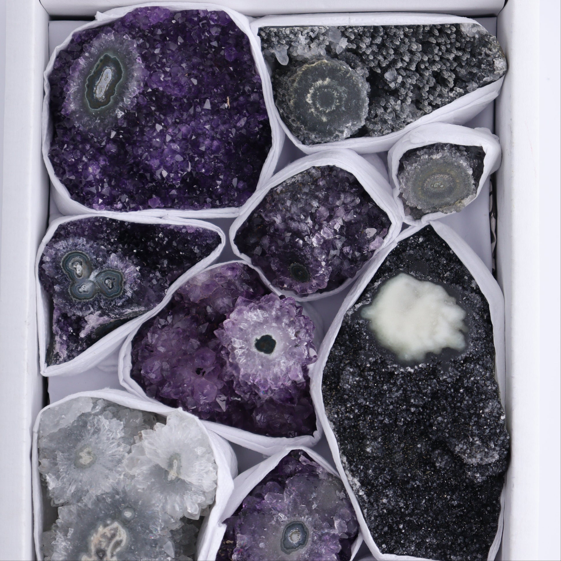 Uruguay Amethyst Clusters with "Eyes" Flat of 11 - Expert Wholesale and Supplier of Wholesale Crystals & Bulk Gemstones, ["Amethyst","Clusters","Eyes Amethyst","Uruguay"]