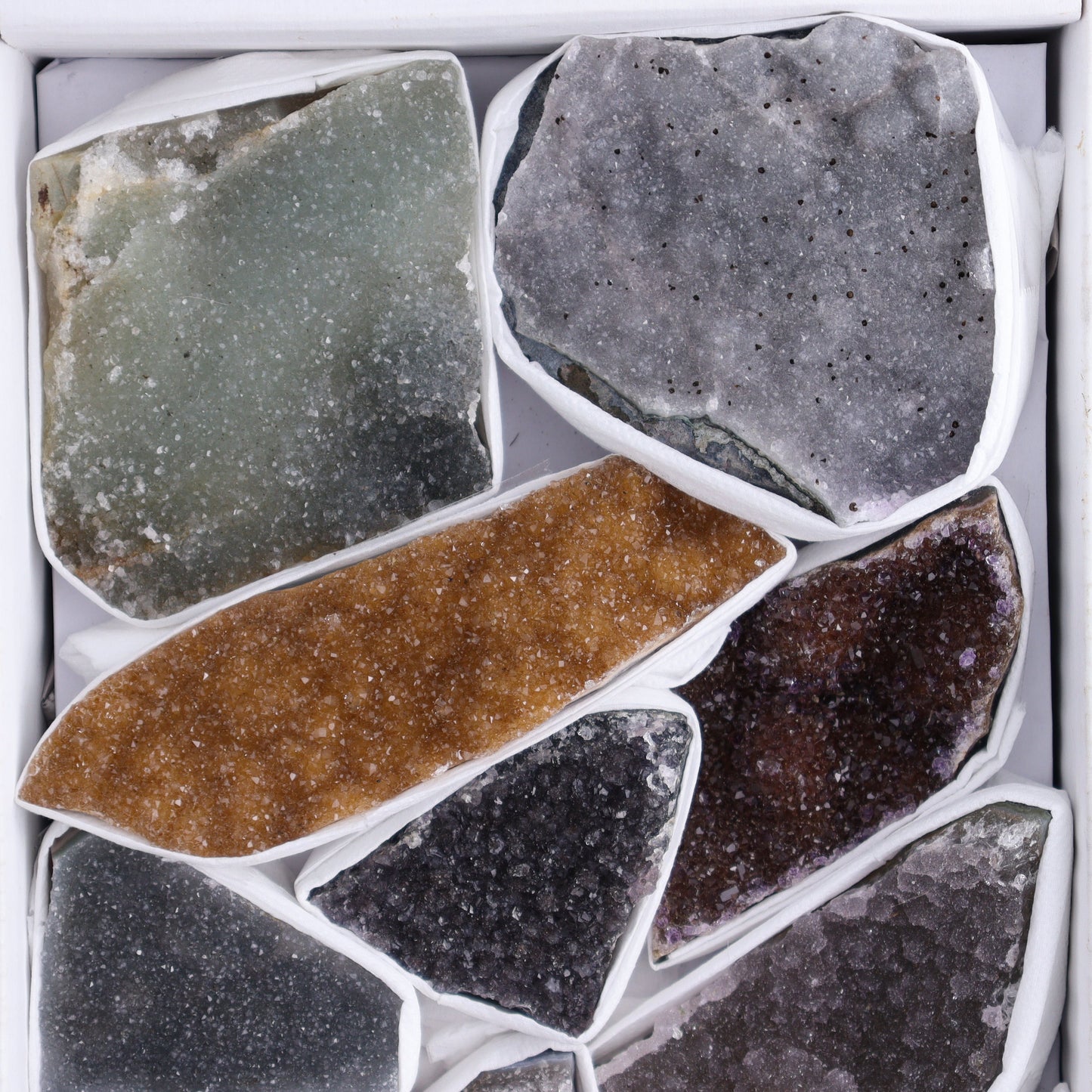 Uruguay Rainbow Amethyst Clusters Flat of 13