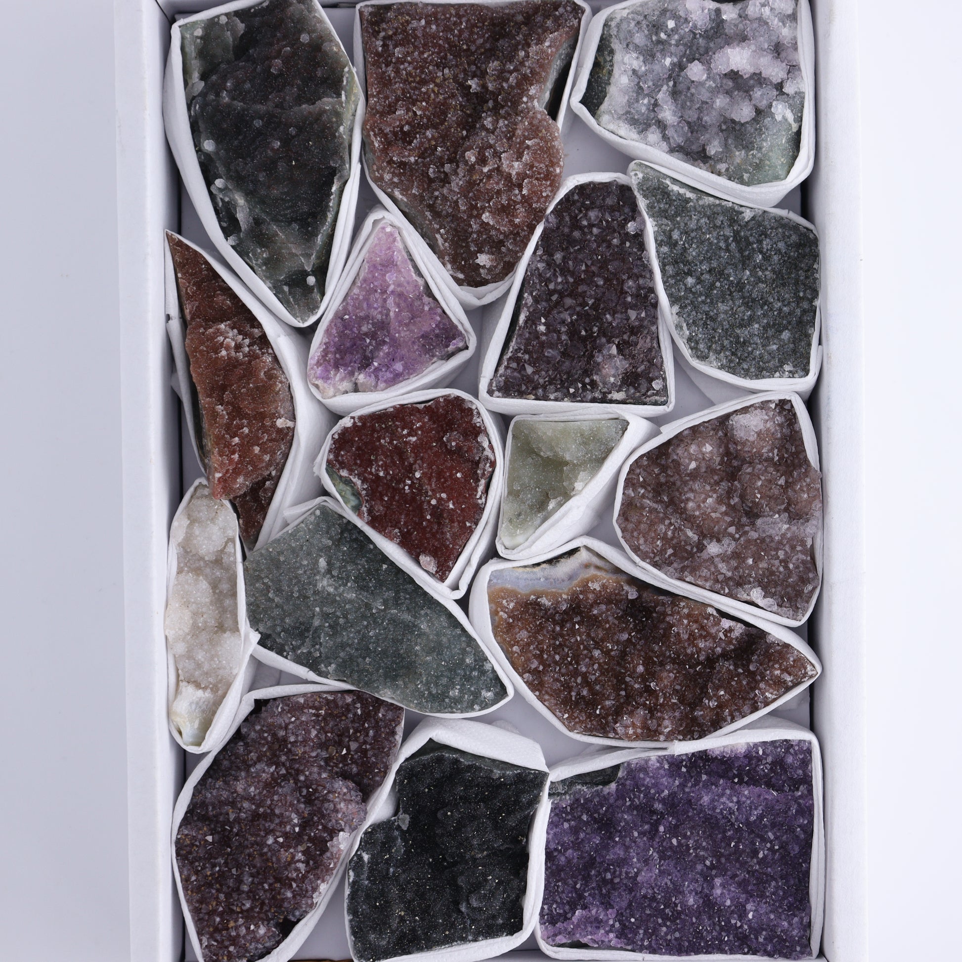 Uruguay Rainbow Amethyst Clusters Flat of 16 - Expert Wholesale and Supplier of Wholesale Crystals & Bulk Gemstones, ["Amethyst","Clusters","Rainbow Amethyst","Sugar Rainbow Amethyst","Uruguay"]