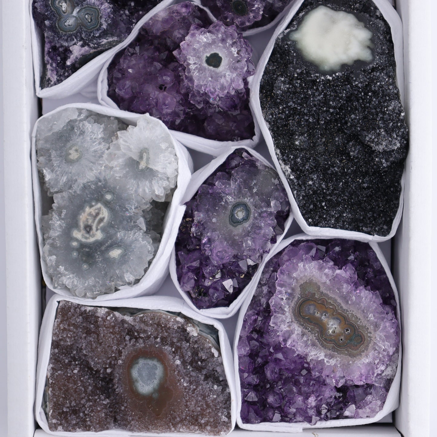 Uruguay Amethyst Clusters with "Eyes" Flat of 11 - Expert Wholesale and Supplier of Wholesale Crystals & Bulk Gemstones, ["Amethyst","Clusters","Eyes Amethyst","Uruguay"]