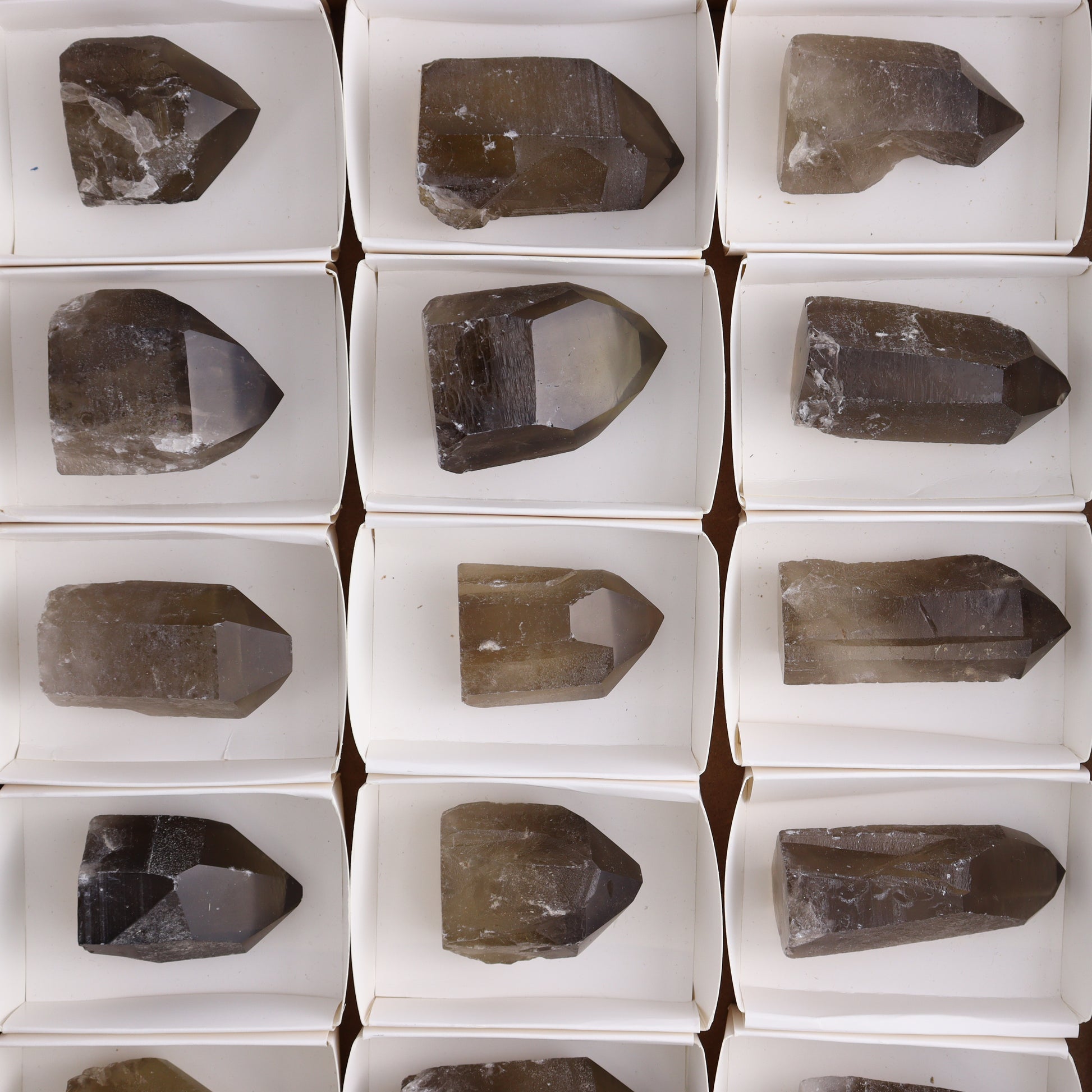 Smoky Quartz Polished Tops Set of 18 - Expert Wholesale and Supplier of Wholesale Crystals & Bulk Gemstones, ["Brazil","close_70","Points","Polished Tip","Quartz","Smoky Quartz"]
