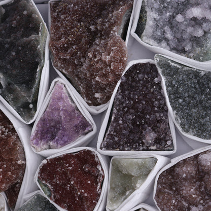 Uruguay Rainbow Amethyst Clusters Flat of 16 - Expert Wholesale and Supplier of Wholesale Crystals & Bulk Gemstones, ["Amethyst","Clusters","Rainbow Amethyst","Sugar Rainbow Amethyst","Uruguay"]