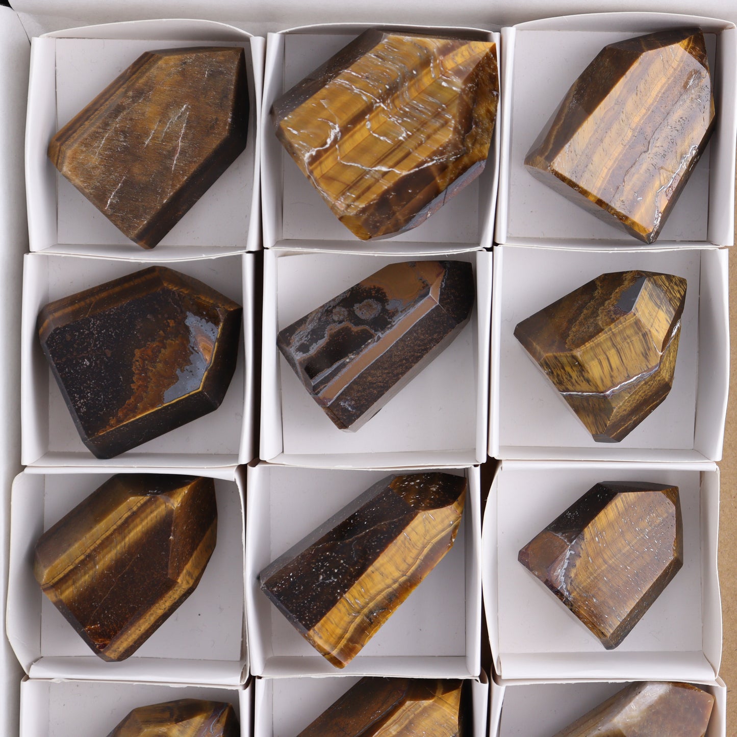 Tiger Eye Towers Set of 15 - Expert Wholesale and Supplier of Wholesale Crystals & Bulk Gemstones, ["Brazil","close_70","Tiger Eye","Towers"]