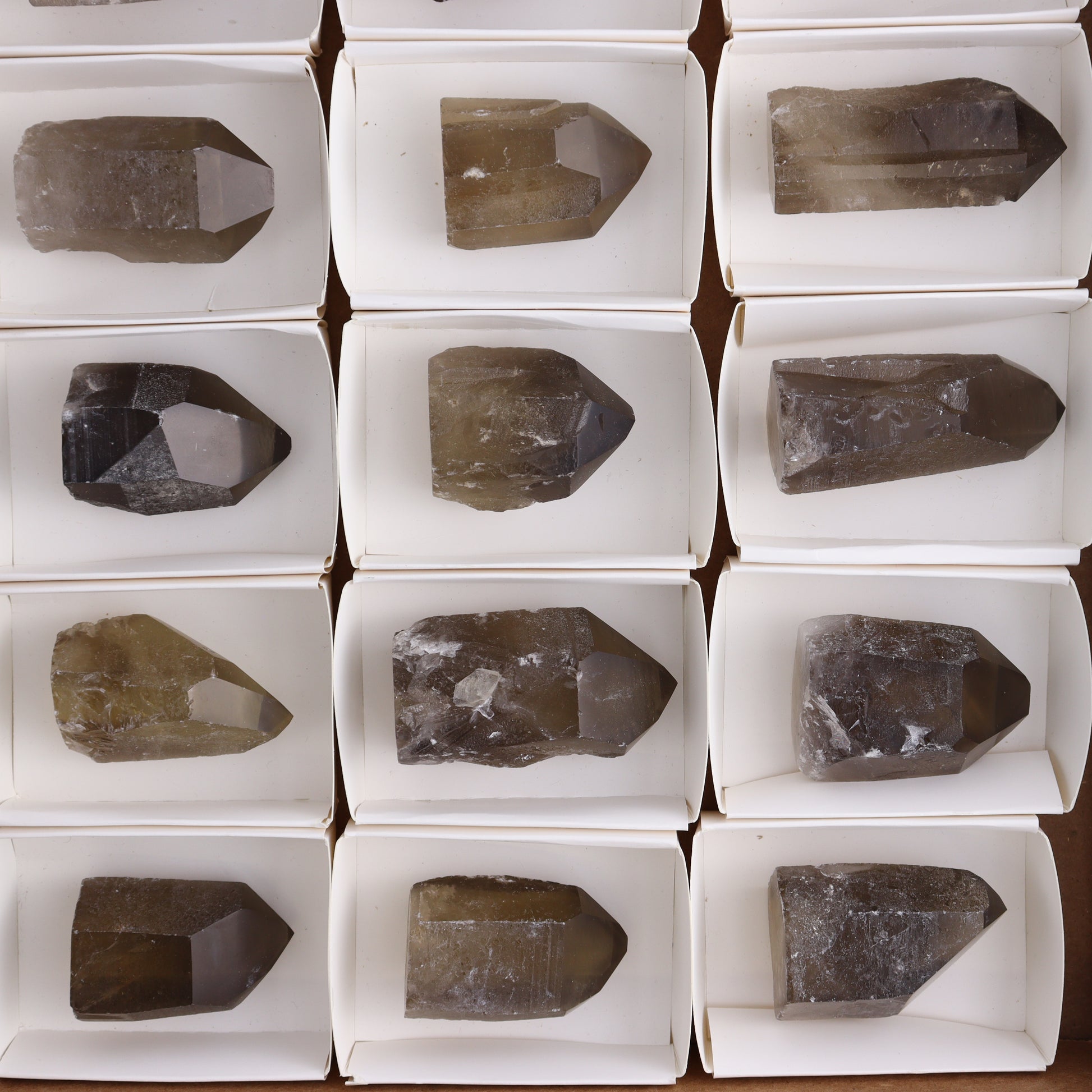Smoky Quartz Polished Tops Set of 18 - Expert Wholesale and Supplier of Wholesale Crystals & Bulk Gemstones, ["Brazil","close_70","Points","Polished Tip","Quartz","Smoky Quartz"]