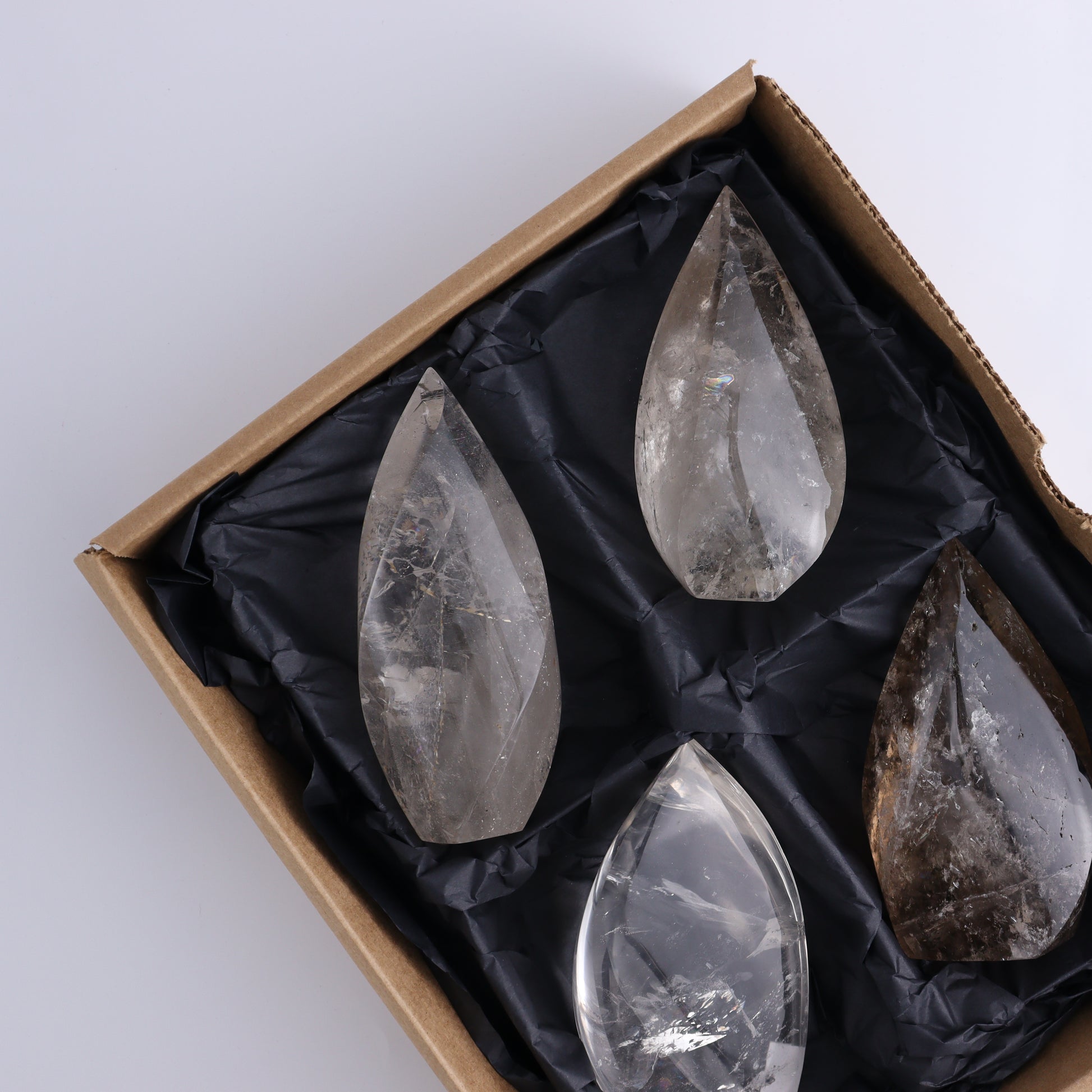 Imperfect Clear and Smoky Quartz Flames Set of 4 - Expert Wholesale and Supplier of Wholesale Crystals & Bulk Gemstones, ["Brazil","Clear Quartz","flames","Quartz"]