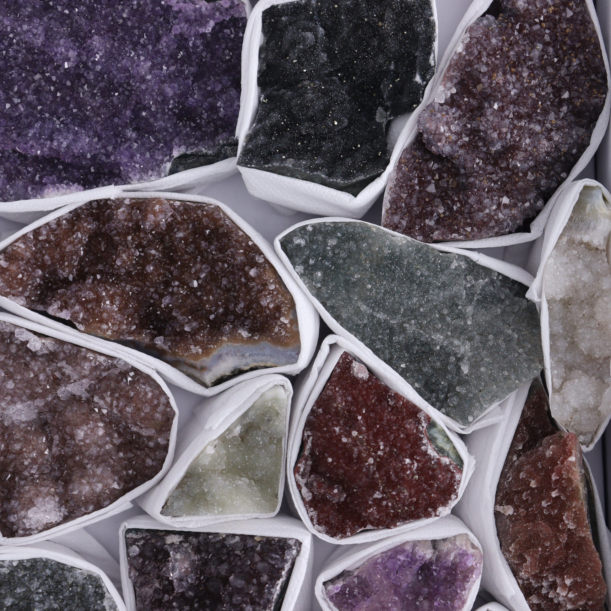 Uruguay Rainbow Amethyst Clusters Flat of 16 - Expert Wholesale and Supplier of Wholesale Crystals & Bulk Gemstones, ["Amethyst","Clusters","Rainbow Amethyst","Sugar Rainbow Amethyst","Uruguay"]
