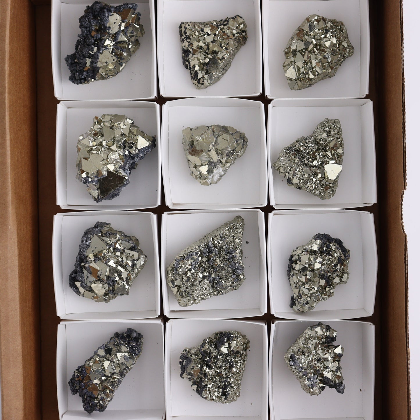 Octahedral Pyrite Clusters Set of 12 - Expert Wholesale and Supplier of Wholesale Crystals & Bulk Gemstones, ["Clusters","Octahedral Pyrite","Peru","Pyrite"]