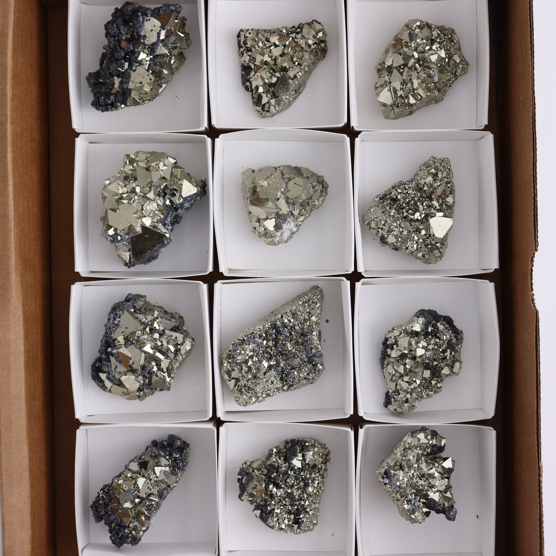 Octahedral Pyrite Clusters Set of 12 - Expert Wholesale and Supplier of Wholesale Crystals & Bulk Gemstones, ["Clusters","Octahedral Pyrite","Peru","Pyrite"]