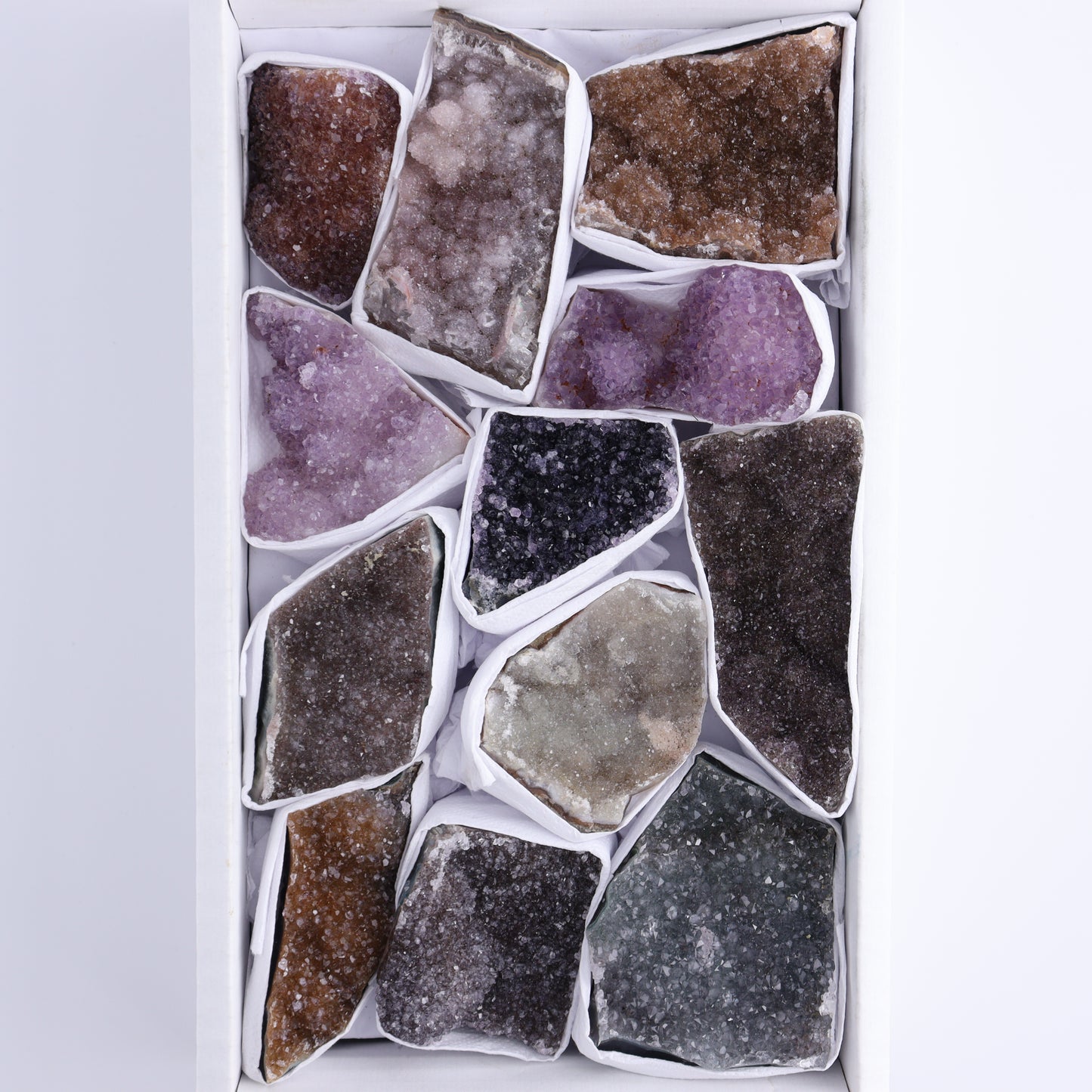 Uruguay Rainbow Amethyst Clusters Flat of 12