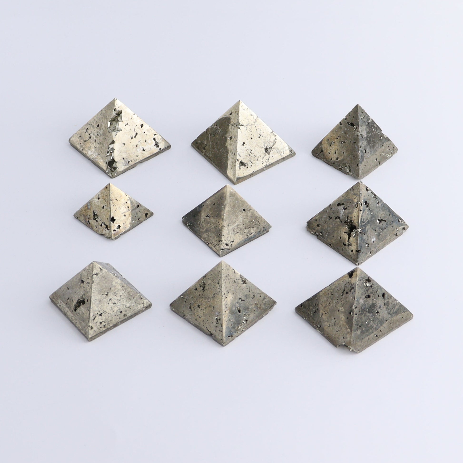 Pyrite Pyramids Set of 9 - Expert Wholesale and Supplier of Wholesale Crystals & Bulk Gemstones, ["Pyramids","Pyrite"]