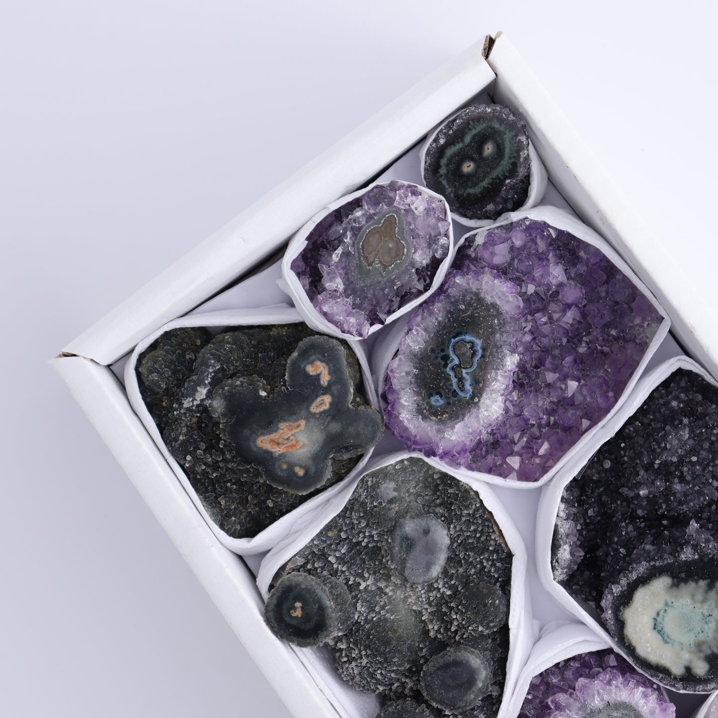 Uruguay Amethyst Clusters with "Eyes" Flat of 9 - Expert Wholesale and Supplier of Wholesale Crystals & Bulk Gemstones, ["Amethyst","Clusters","Eyes Amethyst","Uruguay"]