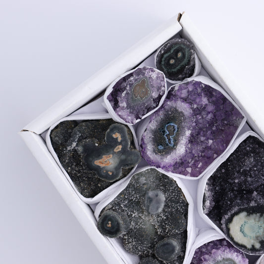 Uruguay Amethyst Clusters with "Eyes" Flat of 9 - Expert Wholesale and Supplier of Wholesale Crystals & Bulk Gemstones, ["Amethyst","Clusters","Eyes Amethyst","Uruguay"]
