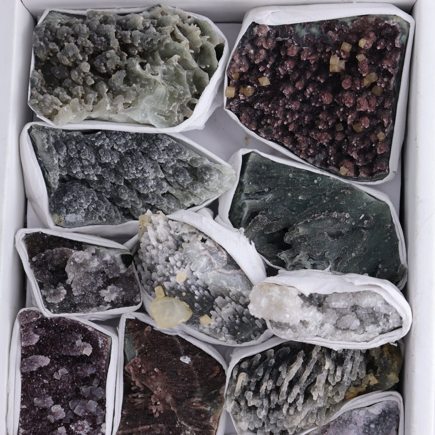 Uruguay Amethyst Clusters with Formations Flat of 13 - Expert Wholesale and Supplier of Wholesale Crystals & Bulk Gemstones, ["Amethyst","Calcite","Clusters","Formations","Uruguay"]