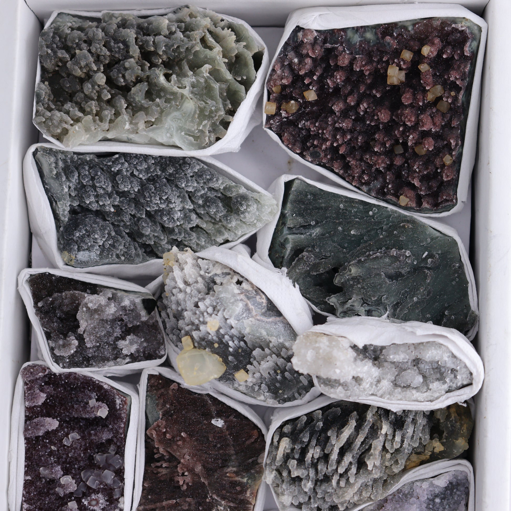 Uruguay Amethyst Clusters with Formations Flat of 13 - Expert Wholesale and Supplier of Wholesale Crystals & Bulk Gemstones, ["Amethyst","Calcite","Clusters","Formations","Uruguay"]