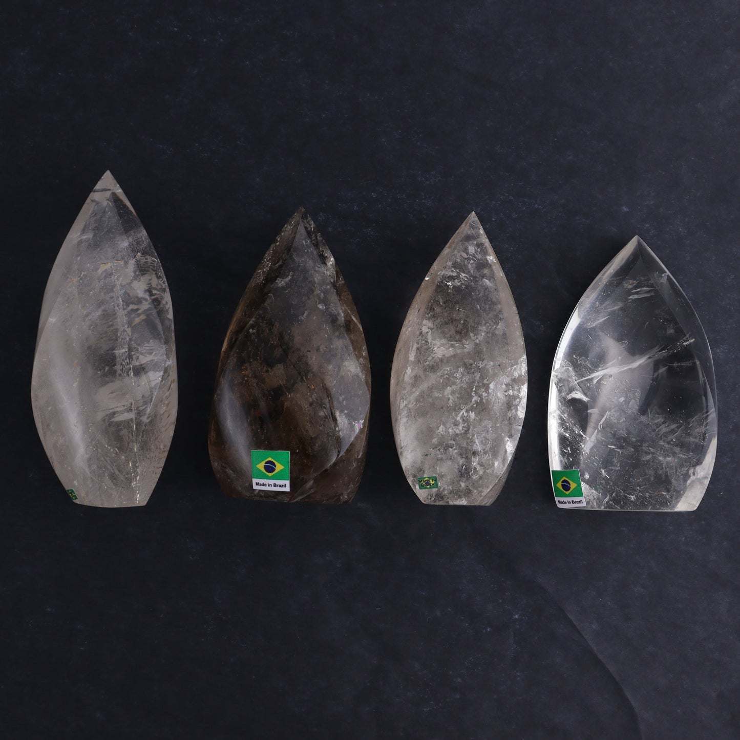 Imperfect Clear and Smoky Quartz Flames Set of 4 - Expert Wholesale and Supplier of Wholesale Crystals & Bulk Gemstones, ["Brazil","Clear Quartz","flames","Quartz"]