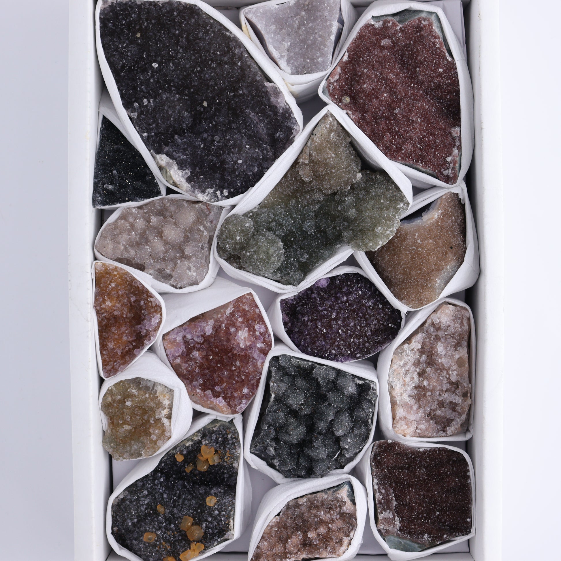 Uruguay Rainbow Amethyst Clusters Flat of 17 - Expert Wholesale and Supplier of Wholesale Crystals & Bulk Gemstones, ["Amethyst","Clusters","Rainbow Amethyst","Sugar Rainbow Amethyst","Uruguay"]