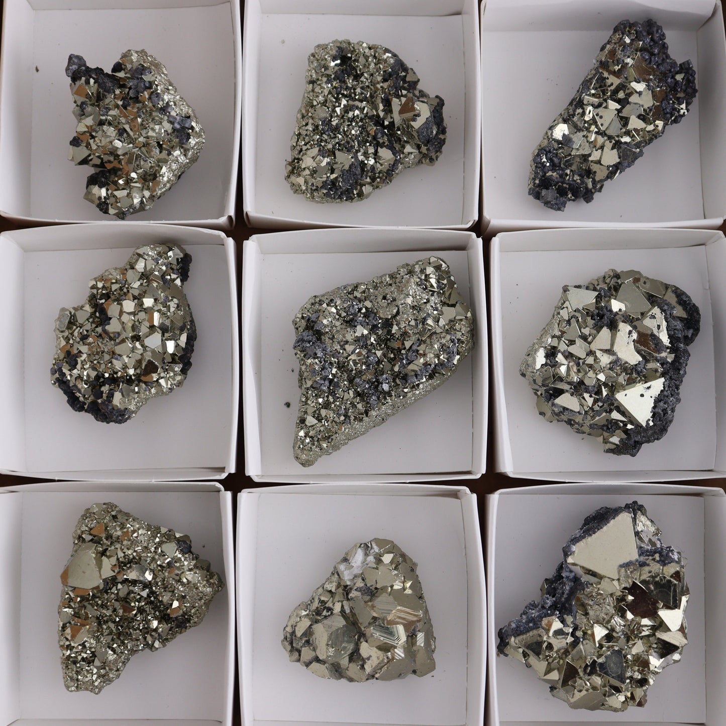 Octahedral Pyrite Clusters Set of 12 - Expert Wholesale and Supplier of Wholesale Crystals & Bulk Gemstones, ["Clusters","Octahedral Pyrite","Peru","Pyrite"]