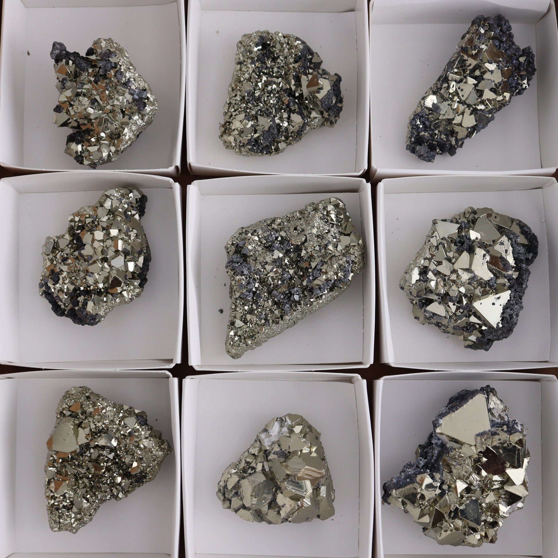 Octahedral Pyrite Clusters Set of 12 - Expert Wholesale and Supplier of Wholesale Crystals & Bulk Gemstones, ["Clusters","Octahedral Pyrite","Peru","Pyrite"]