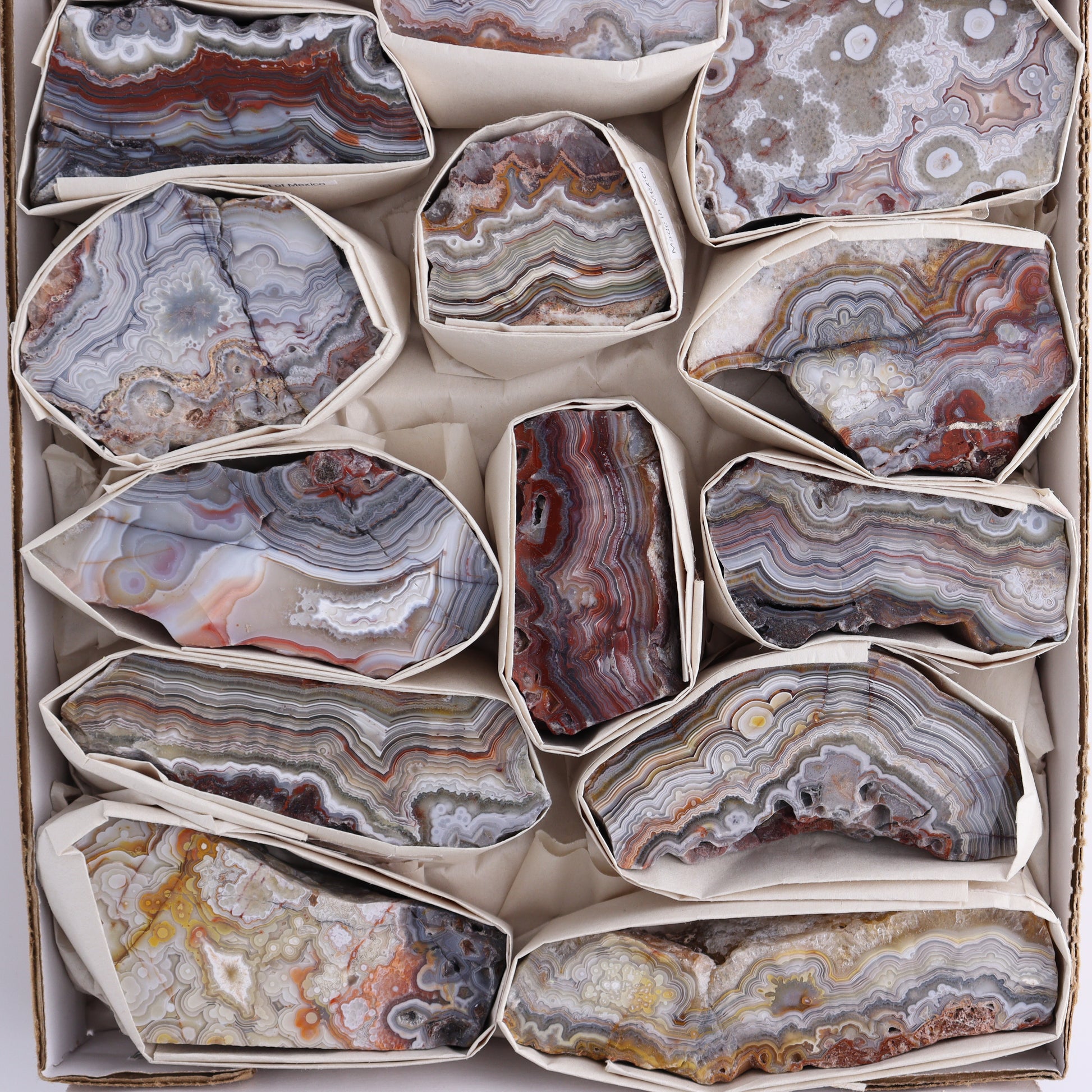 Crazy Lace Agate Flat of 15 - Expert Wholesale and Supplier of Wholesale Crystals & Bulk Gemstones, ["Crazy Lace Agate","Mexico"]