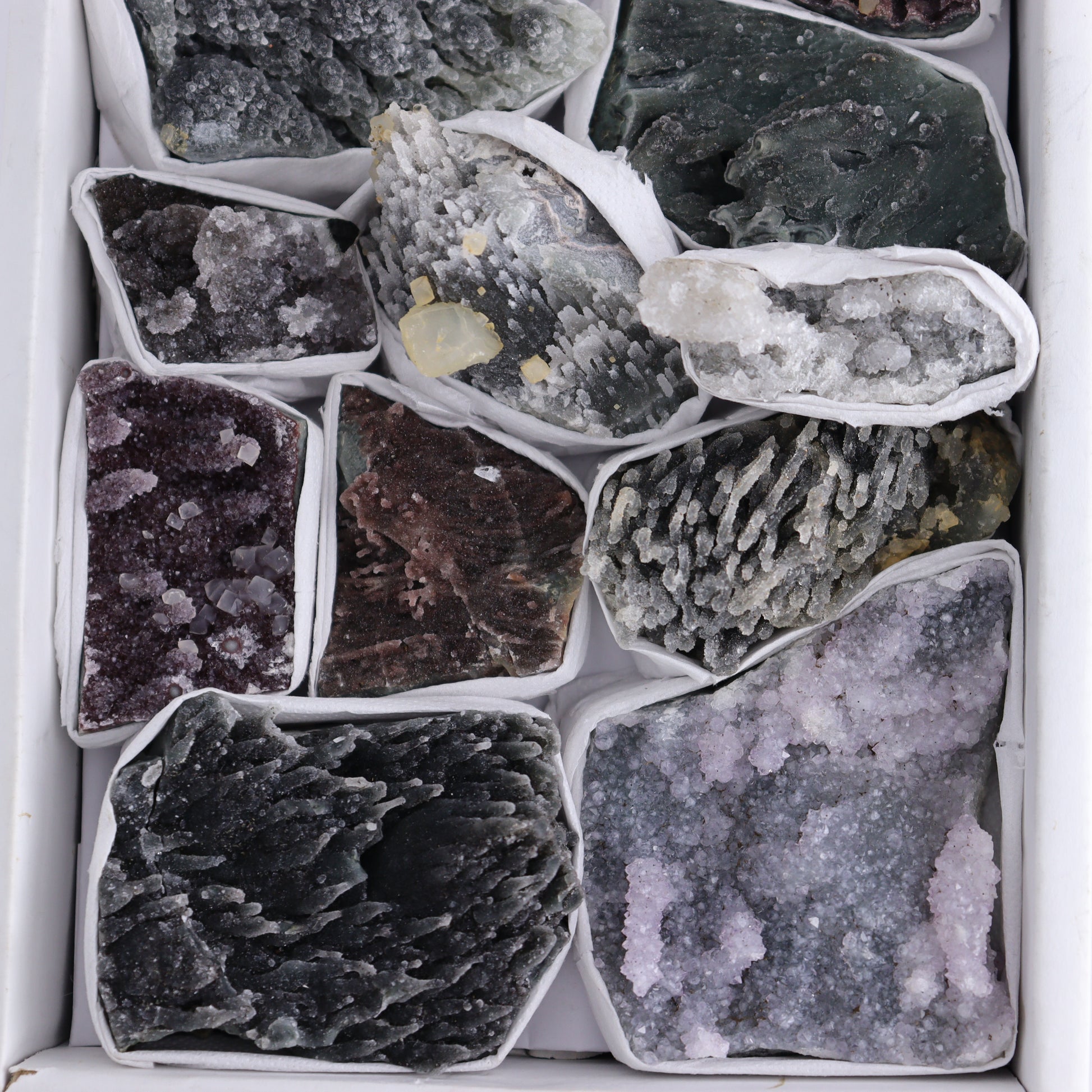 Uruguay Amethyst Clusters with Formations Flat of 13 - Expert Wholesale and Supplier of Wholesale Crystals & Bulk Gemstones, ["Amethyst","Calcite","Clusters","Formations","Uruguay"]